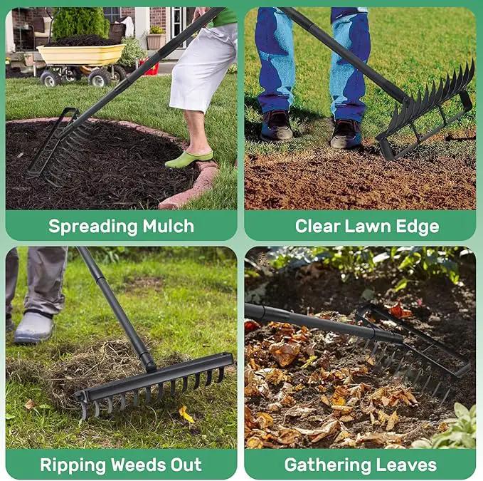 Stirrup Hoe Garden Tool Weed Puller with 76.8Inch Adjustable Stainless Steel Handle, Heavy Duty Hula Hoe and 12 Tines Rake 2 in 1 Gardening Tools Garden Cultivator for Weeding Soil Loosening, Black by GreenHaven Gardens