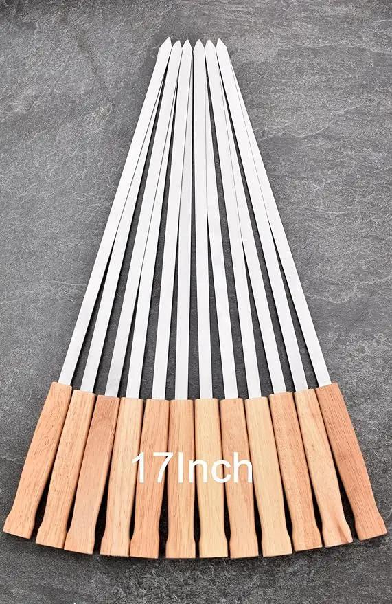 17-Inch Long Flat BBQ Skewers, HONSHEN Brazilian-style Stainless Steel 3/8 Inch Wide Blade with hardwood Handle barbecue skewers for Grilling Meat,Chicken,Shrimp,Vegetables-Set of 12 by GreenHaven Gardens