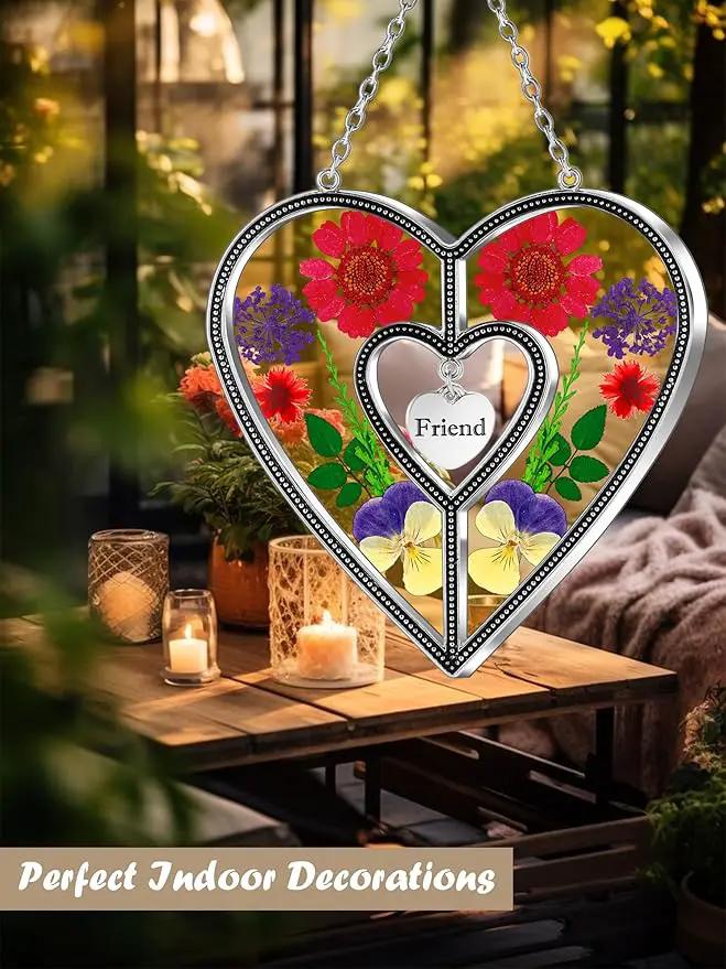 KY&BOSAM Heart Suncatcher Friend Stained Glass Hangings for Windows Real Flower Glass & Metal Maker Sun Catchers Birthday Gifts for Frined Home Party Backyard Indoor Outdoor Decor Christmas Ornament by GreenHaven Gardens