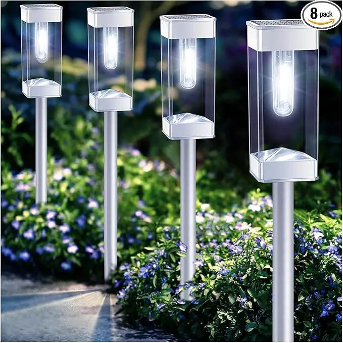 Solar Pathway Lights 8 Pack Solar Outdoor Lights with LED Tungsten Filament Bulb Waterproof Stainless Steel Garden Lighting for Outside Driveway Landscape Lawn Path Christmas (White) by GreenHaven Gardens