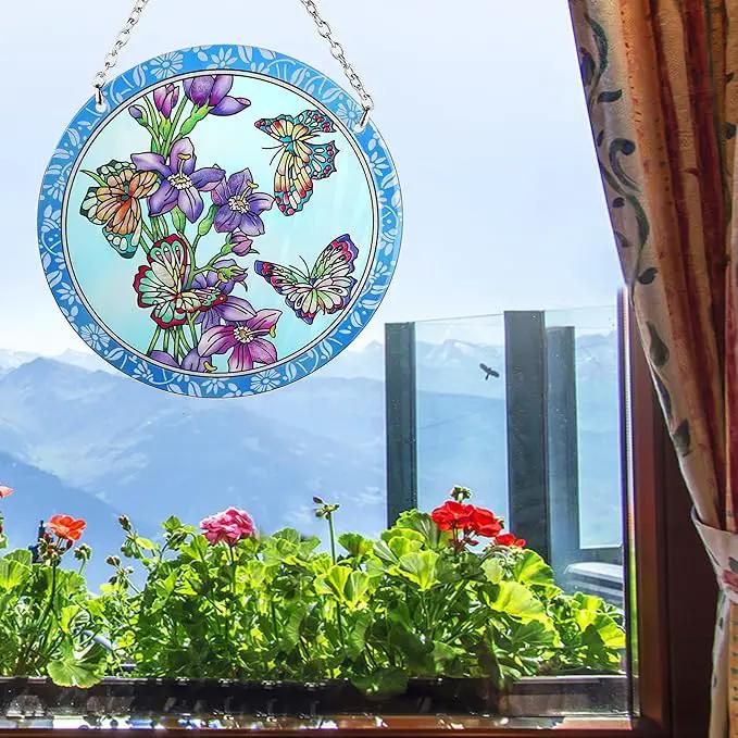 Butterfly Stained Glass Window Hanging - Butterfly Gifts for Women, Birds Suncatchers for Windows - Birds Window Hangings with Chain and Hook, 6 inch Stained Glass Suncatcher for Mom by GreenHaven Gardens