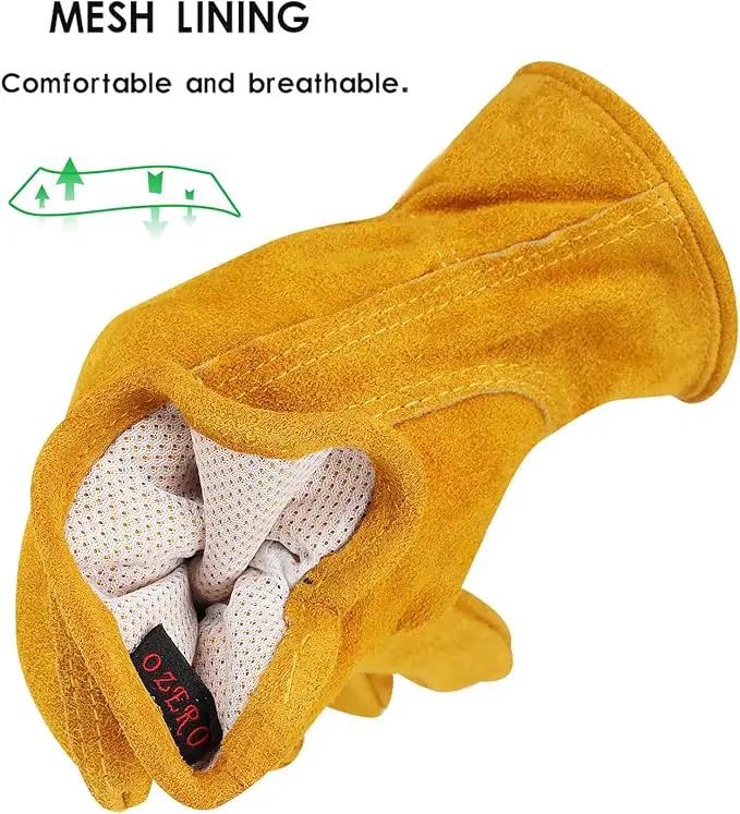 OZERO Leather Work Gloves Flex Grip Tough Cowhide Gardening Glove for Men and Women (Medium, Gold With Mesh Linning) by GreenHaven Gardens