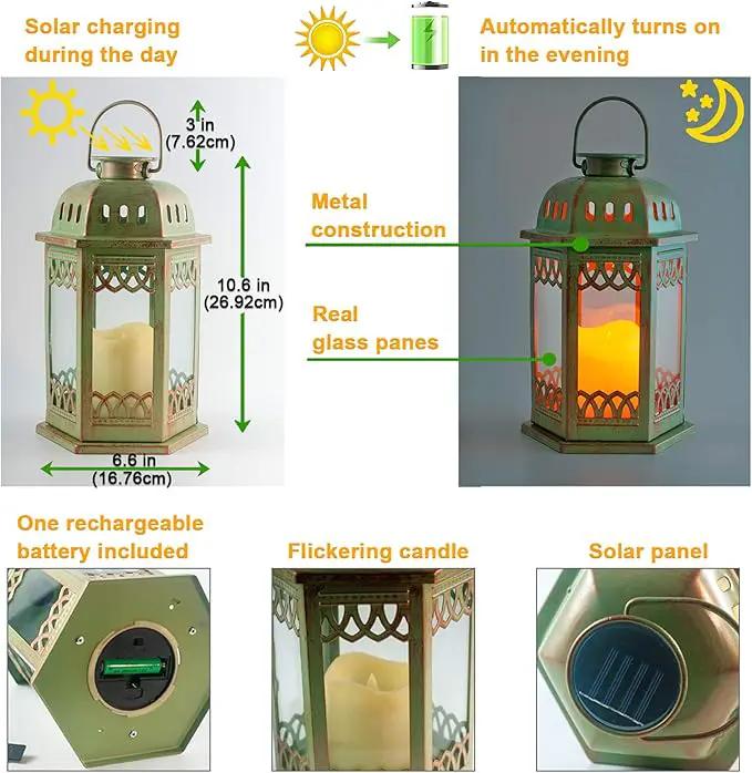 SteadyDoggie Solar Lanterns 2 Pack Green - Hanging Solar Lights with Flickering Candle LED - Retro Ornate Hanging Solar Lantern with Handle by GreenHaven Gardens