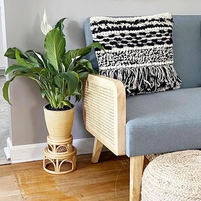 Set of 2 Small Boho Rattan Wicker Round Riser Plant Stand Indoor,Rustic Farmhouse Natural Wooden Circle Pedestal for Decor & Display, Tabletop, Office Decor by GreenHaven Gardens