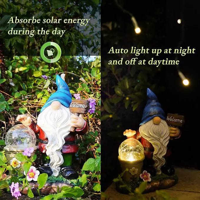 DiliComing Solar Garden Gnomes Outdoor Statues - Cute Gnome Statue with Welcome for Yard Patio Porch Lawn, Resin Gnome Figurine with Solar Light for Thanksgiving and Christmas by GreenHaven Gardens