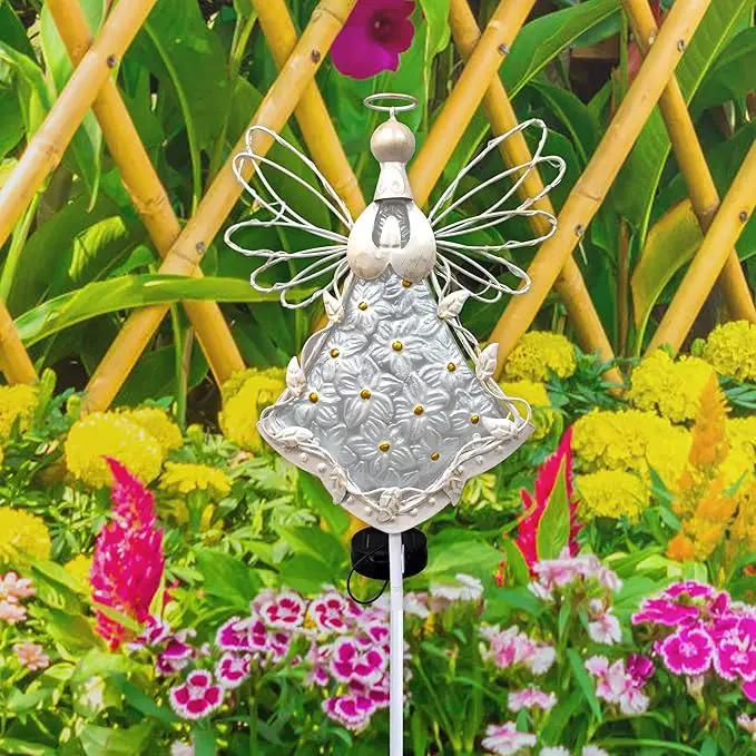 38Inch Angel Solar Lights Outdoor Decorative-Metal&Glass Angel Hydrangea Flower Garden Stake Lawn Light- Waterproof 30 Warm White LED for Remembrance Gifts & Sympathy Gifts(White) by GreenHaven Gardens