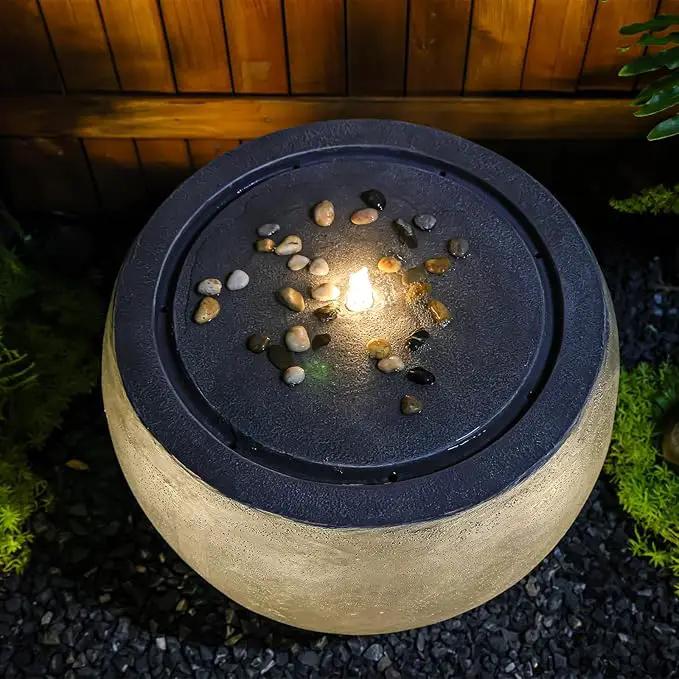Garden Water Fountain Outdoor Large Round Bubbler Water Feature Indoor with Lights & Pump and Pebbles Concrete Effect for Patio Pool Pond Yard Home Decor Gray, 25 "L X 25" W X 17.5" H by GreenHaven Gardens