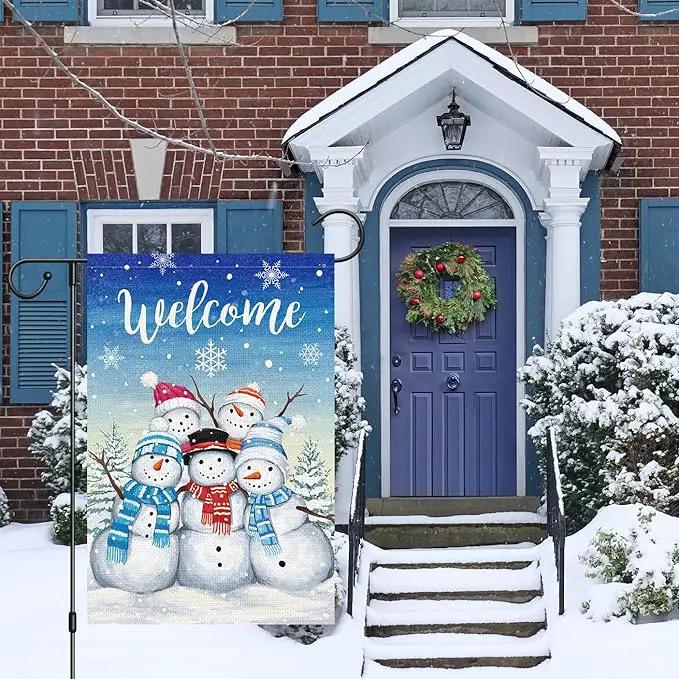Welcome Winter Garden Flag Double Sided Sonwman 12x18 Inch Small Burlap Welcome Holiday Yard Outdoor Outside House Decoration by GreenHaven Gardens
