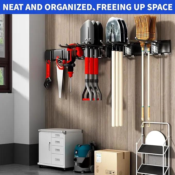 Garage Organization Tool Organizer Wall Mount, 32inch Heavy Duty Garden Tool organizer Storage System, Easy Install With 6 Adjustable Hooks, For Garage, Basement, Shed, Workshop(Black) by GreenHaven Gardens