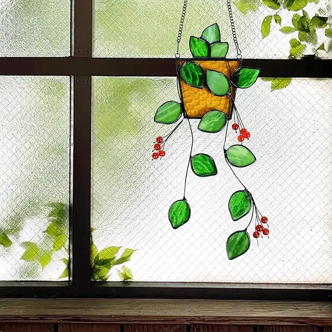 Royxen Stained Glass Window Hanging, Sun Catcher, Suncatchers for Windows Hanging, Green Plants with Yellow Pot by GreenHaven Gardens