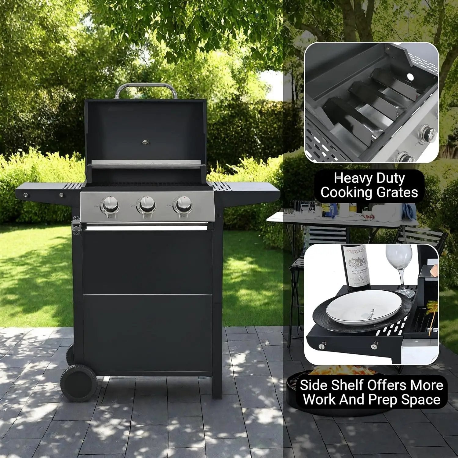 Endark 3-burner propane gas grill | 26,000 BTU stainless steel with enamel wire cooking grates and built-in thermometer | with side rack wheels | great for patio, garden, and outdoor cooking by GreenHaven Gardens