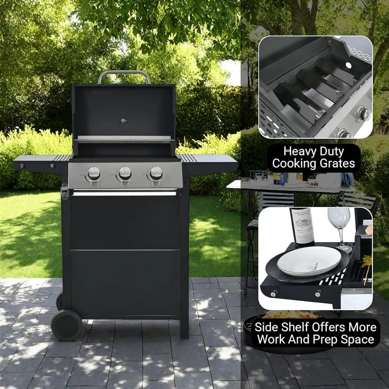 Endark 3-burner propane gas grill | 26,000 BTU stainless steel with enamel wire cooking grates and built-in thermometer | with side rack wheels | great for patio, garden, and outdoor cooking by GreenHaven Gardens