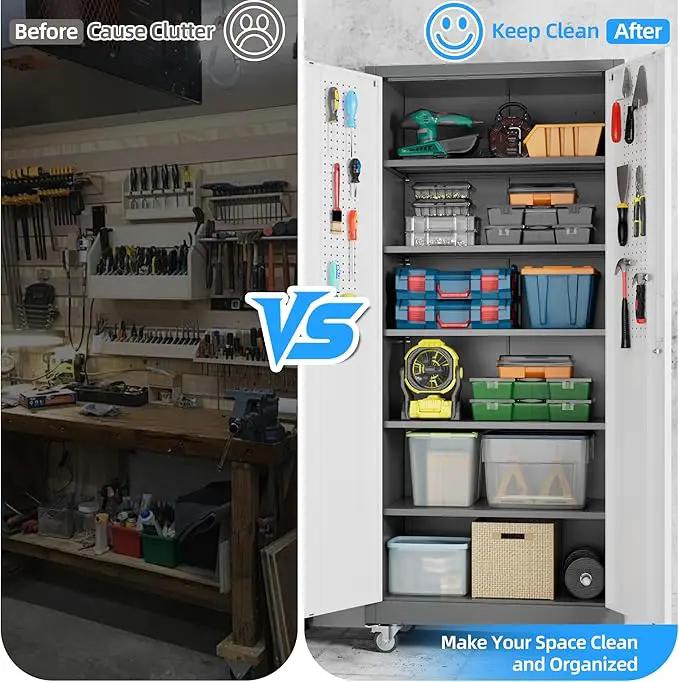 71" H×32" W×16" D Garage Storage Cabinet with Wheels & Pegboard, Locking Metal Storage Cabinet with Doors and 5 Adjustable Shelves & & 4 Hooks for Garage Warehouse Home Office, White and Gray by GreenHaven Gardens