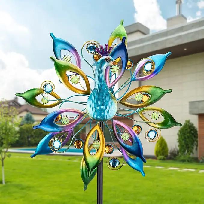 DREAMYSOUL 15.7" D*65”H Metal Peacock Wind Spinners Double Sided Kinetic Wind Sculptures Outdoor Metal Windmill for Garden Yard Decor by GreenHaven Gardens