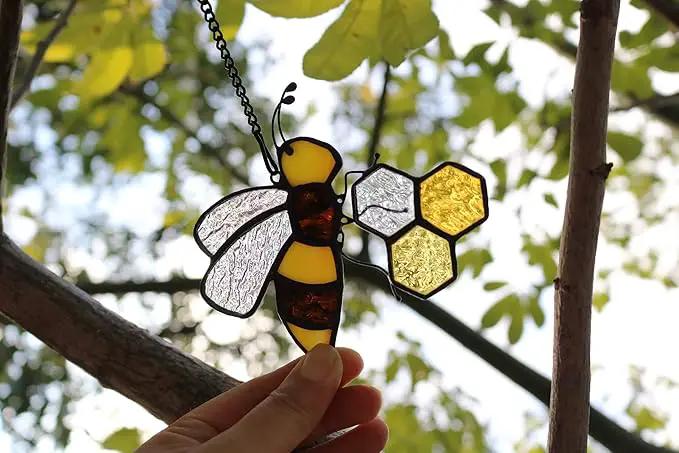 Bee On Honeycomb Stained Glass Window Hangings, Bee Suncatcher Garden Bee Decor Bee Gift for Mom Women by GreenHaven Gardens