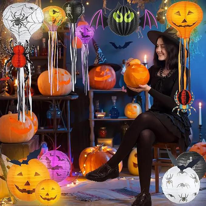 48 Pieces Halloween Decorations Paper Lanterns Pumpkin Skeleton Paper Lanterns 3D Bat Wall Stickers Spider Wall Hanging for Halloween Party Garden Bedroom Cobwebs Indoor Outdoor, 12 Inch and 8 Inch by GreenHaven Gardens