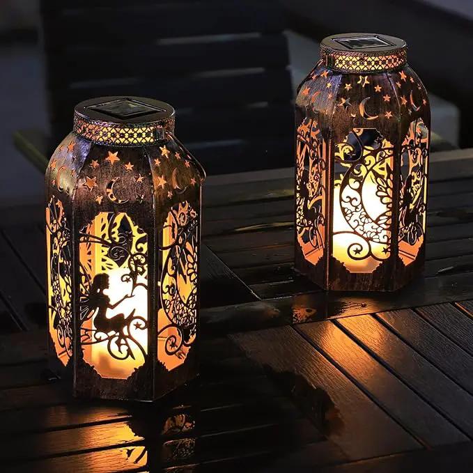 Solar Lanterns Outdoor Garden Hanging Lantern Waterproof LED Metal Bronze Moon Fairy Lantern Waterproof Flickering Flameless Candle Mission Lights for Table,Patio,Mother's Day Gift(2Pack) by GreenHaven Gardens