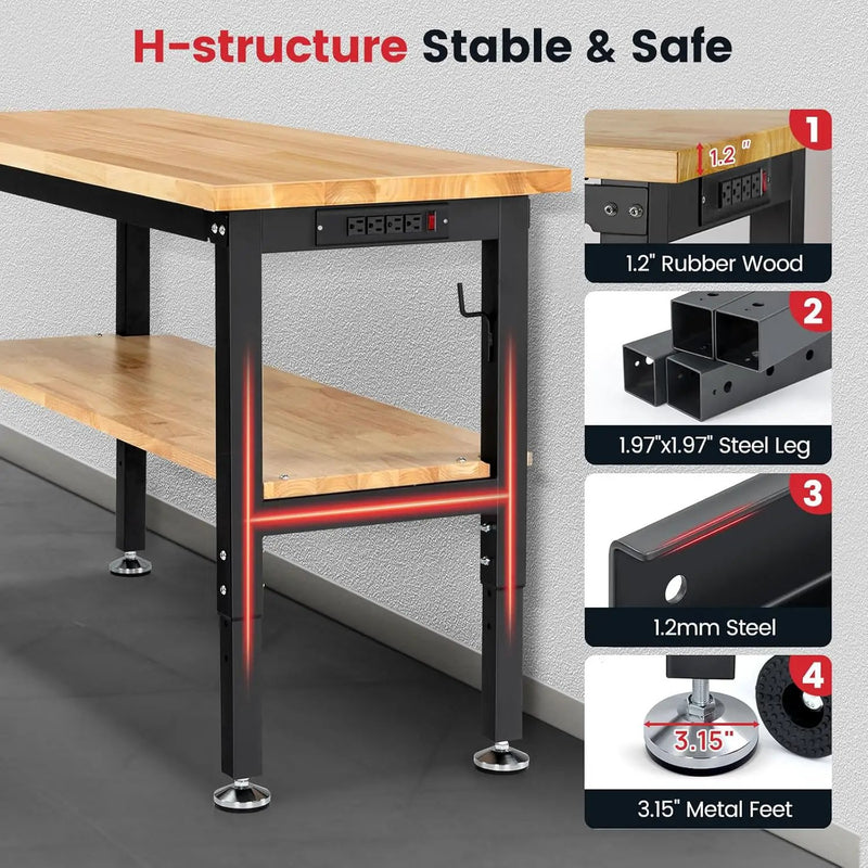 Work Table for Garage 60 x 22 Inch Adjustable Height Workbench Heavy Duty Rubberwood Tabletop Work Bench with Power Outlets Pegboard Pad for Woodworking Shop, Home, Office by GreenHaven Gardens