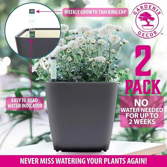 GARDENIX DECOR 5" Self Watering pots for Indoor Plants - Flower Pot with Water Level Indicator for Plants, Grow Tracking Tool - Self Watering Planter Plant Pot – 2 Pack Gray by GreenHaven Gardens