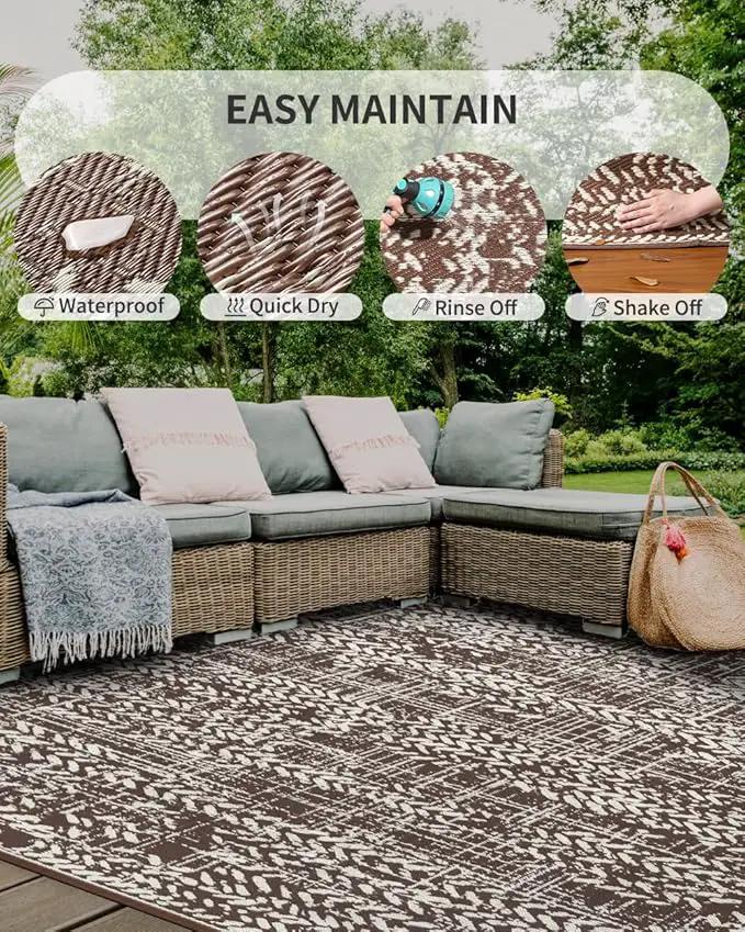 MontVoo Outdoor Rug 8x10 Waterproof-Patio Rug Mat Outdoor Carpet Reversible RV Camping Picnic Plastic Straw Rug Outside Outdoor Area Rug for Balcony Deck Backyard Patio Decor Boho Modern Brown by GreenHaven Gardens