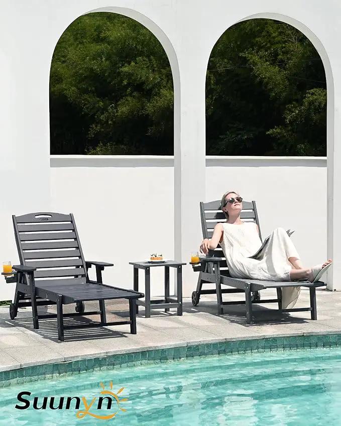 Lounge Chair Outdoor, Chaise Lounge Chair Outdoor, HDPE 6-Position Lounge Chair for Outside, Patio Lounge Chair with Wheels & Cup Holder for Pool Poolside Deck Backyard, Grey by GreenHaven Gardens