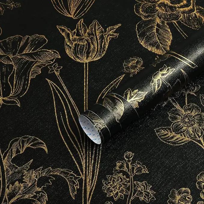 Dimoon 393"x17.3" Floral Wallpaper Peel and Stick Flowers Golden Black Contact Paper Thicken Waterproof Modern Self Adhesive Plants Wallpaper Removable Wall Paper Shelf Vinyl Roll by GreenHaven Gardens