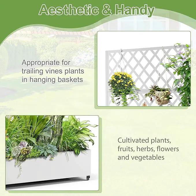 Metal Planter Trellis Box with Wheels & Drain Plug Outdoor Raised Garden Bed Patio Privacy Screen with Planter for Climbing Plants, Vegetables 73"x47"x16" White-Diamond by GreenHaven Gardens
