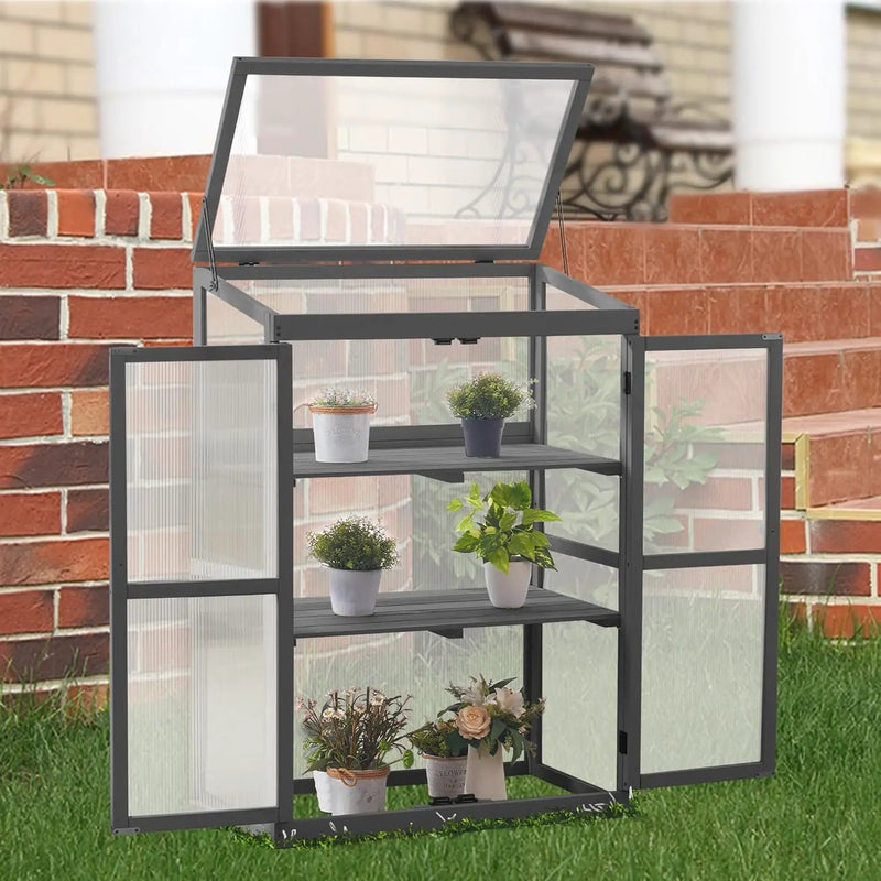 MCombo Wooden Cold Frame Greenhouse, Raised Flower Planter Shelf Protection for Outdoor Indoor Use, 0760 (Dark Grey) by GreenHaven Gardens