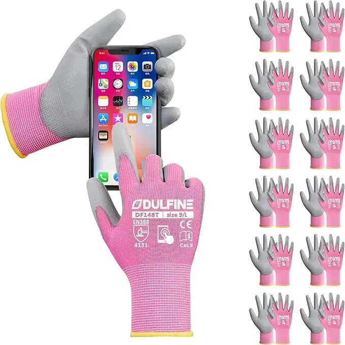 DULFINE Work Gloves for Men PU Coated 12 Pairs Bulk Pack,Pink Seamless Knit Glove with thin Polyurethane,Two Finger Touchscreen, for Men and Women, Ideal for Light Duty Work. (Small) by GreenHaven Gardens