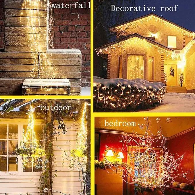 220 LED Firefly Bunch Lights Battery Operated, 8 Flashing Modes Waterproof Copper Wire Waterfall Lights, Remote Controlled Timer and Hooks, Fairy Lights for Indoor Outdoor Decor (Warm White) by GreenHaven Gardens