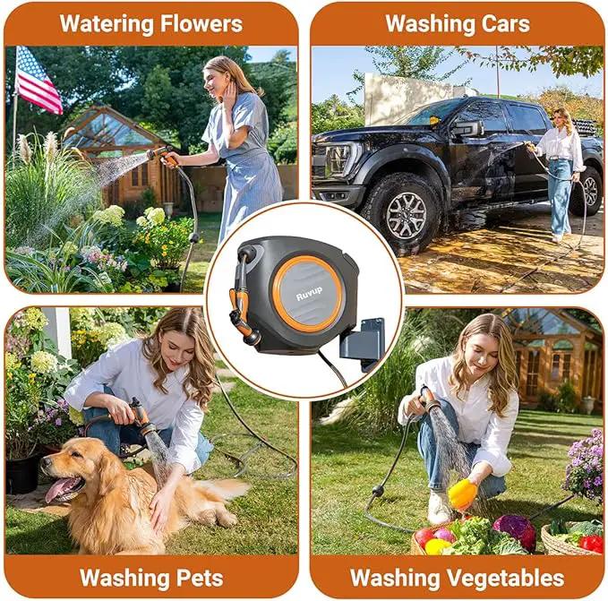 Ruvup Retractable Garden Hose Reel, 5/8in x 100ft Water Hose Reel with Metal Bracket, UV Resistant Automatic Hose Reel Wall Mount for Outside, Slow Retraction Any Length Lock 10 Spray Nozzle by GreenHaven Gardens