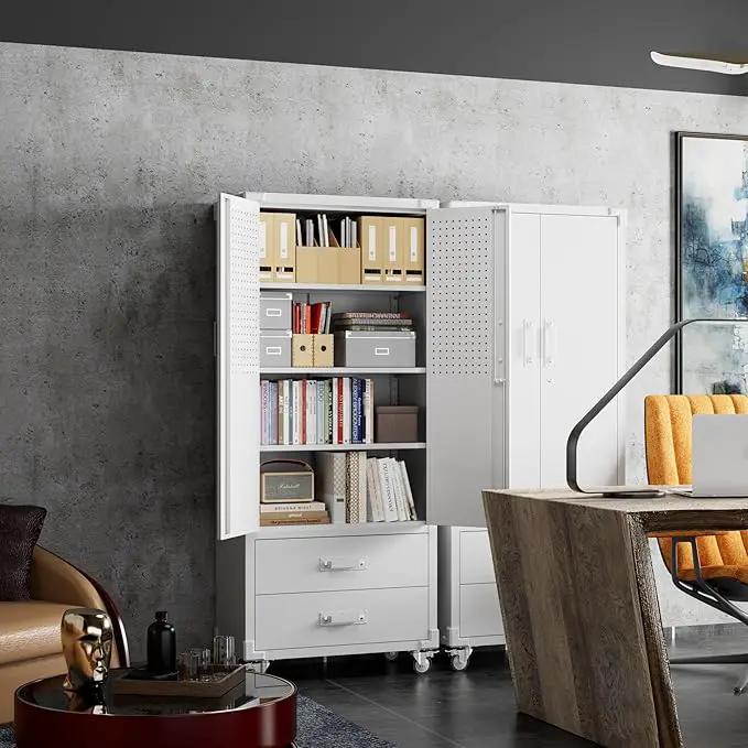 Upgraded Metal Garage Storage Cabinet with Wheels and 2 Drawers, Rolling Tool Cabinet with 3 Shelves and Pegboard Behind The Door for Home Office Garage,Assembly Required,White by GreenHaven Gardens