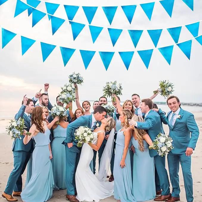 Sky Blue Party Decorations - Light Blue Triangle Pennant Banner Flag - Metallic Fabric Bunting for Graduation, Wedding, Retirement, Birthday, Under The Sea, Nautical, Ahoy, Party Decor Supplies by GreenHaven Gardens