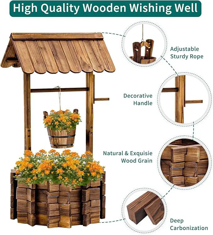 UDPATIO Rustic Solid Fir Wood Wishing Well Planter for Outdoor Plants, 16.5 in Diameter by GreenHaven Gardens