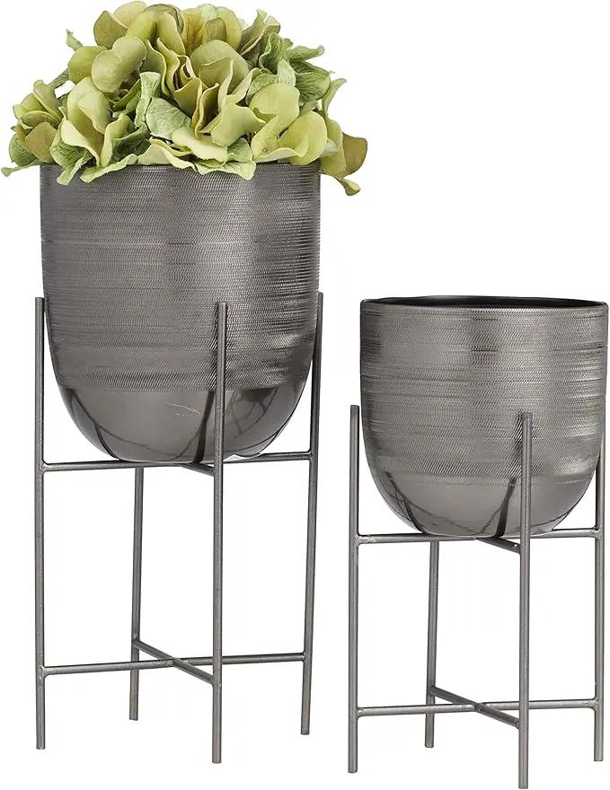 Deco 79 Metal Indoor Outdoor Planter Small Planter Pot with Removable Stand, Set of 2 Planters 12", 9"H, Gray by GreenHaven Gardens