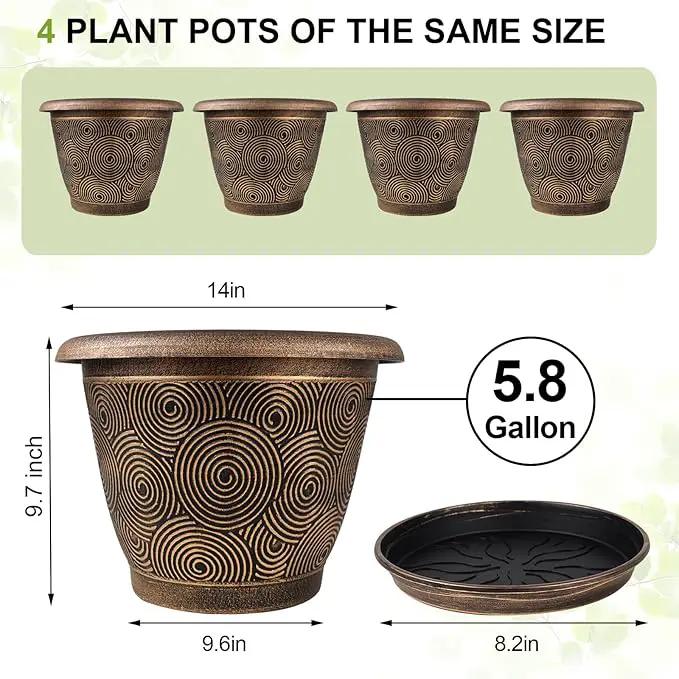 14 Inch Large Planter Pot for Plants Indoor Outdoor, 4 Pack Plastic Flower Pots with Drainage Hole & Tray, Modern Decorative Garden Pot with Saucer, Plant Container for House by GreenHaven Gardens