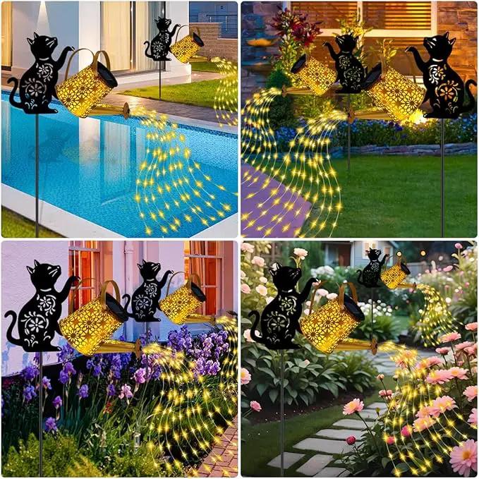 Solar Lights Outdoor Decorative, Watering Can with Cascading Lights, with Cat Silhouette Garden Stakes, Waterproof Metal Garden Decor for Yard Art, Outside, Patio, Lawn Ornaments by GreenHaven Gardens