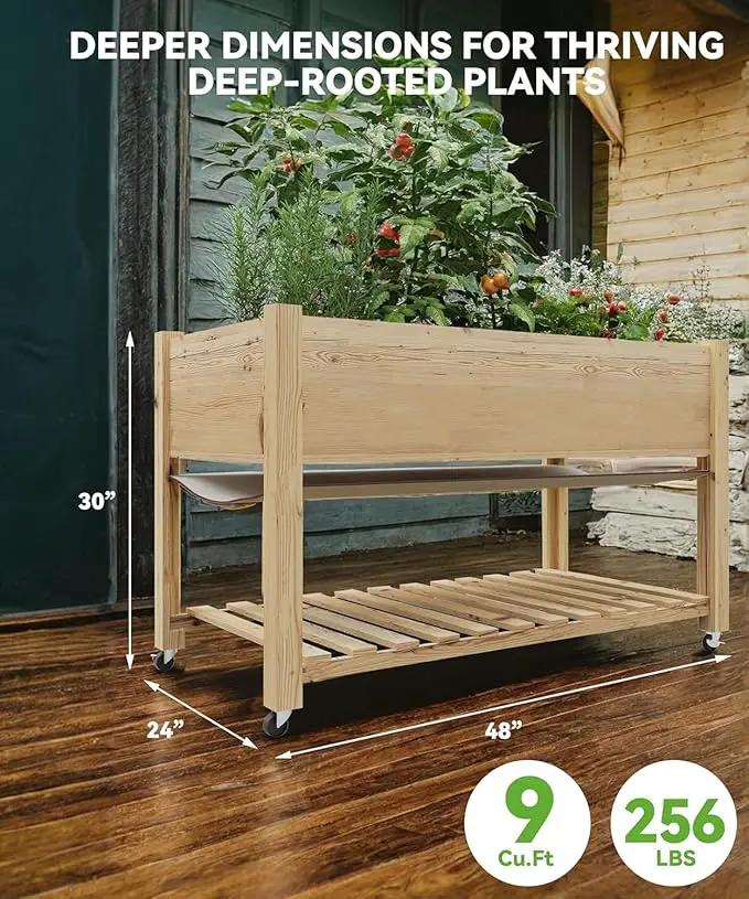 Raised Garden Bed with Legs and Wheels, Wooden Raised Planter Box with Storage Shelf, Protective Liner, Mobile Elevated Wood Planter for Backyard, Patio, Balcony Natural, 48"×24"×30" by GreenHaven Gardens