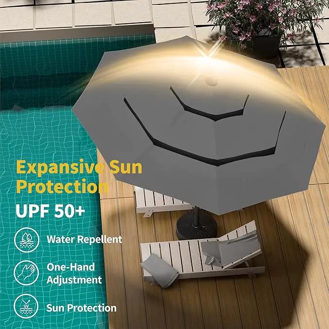 Kingdura 9ft 3-Tier Patio Umbrella with Solar Lights, Table Umbrella Outdoor Patio with Easy Crank & Tilt, 8 Sturdy Ribs, UV Protection, 32 LED Lights for Deck, Poolside, Market (Grey) by GreenHaven Gardens
