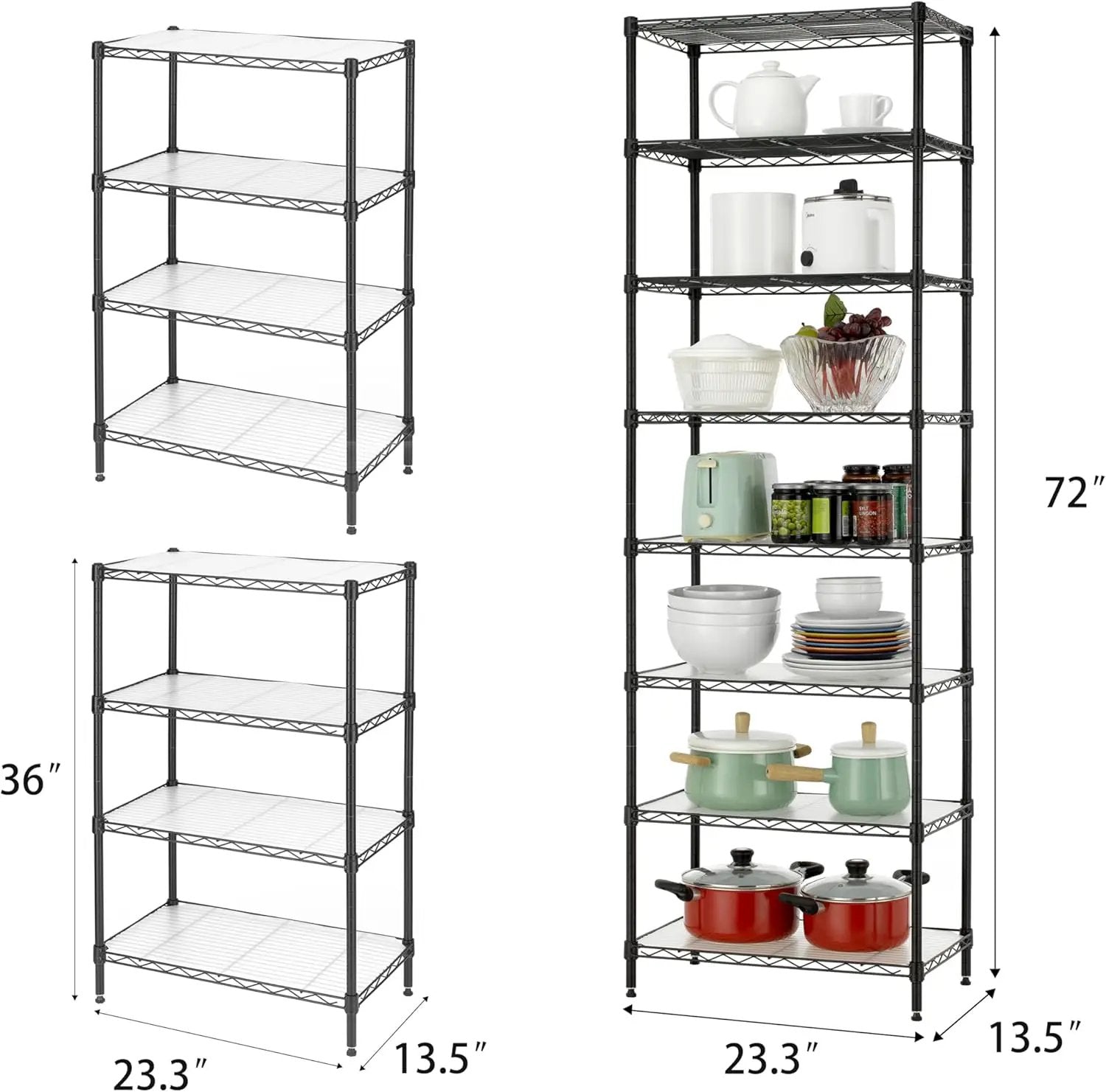 Finnhomy 8-Tier Wire Shelving Unit Adjustable Steel Wire Rack Shelving 8 Shelves Steel Storage Rack or Two 4-Tier Shelving Units with PE mat, Leveling Feet and Safety Device, NSF Certified, Black by GreenHaven Gardens