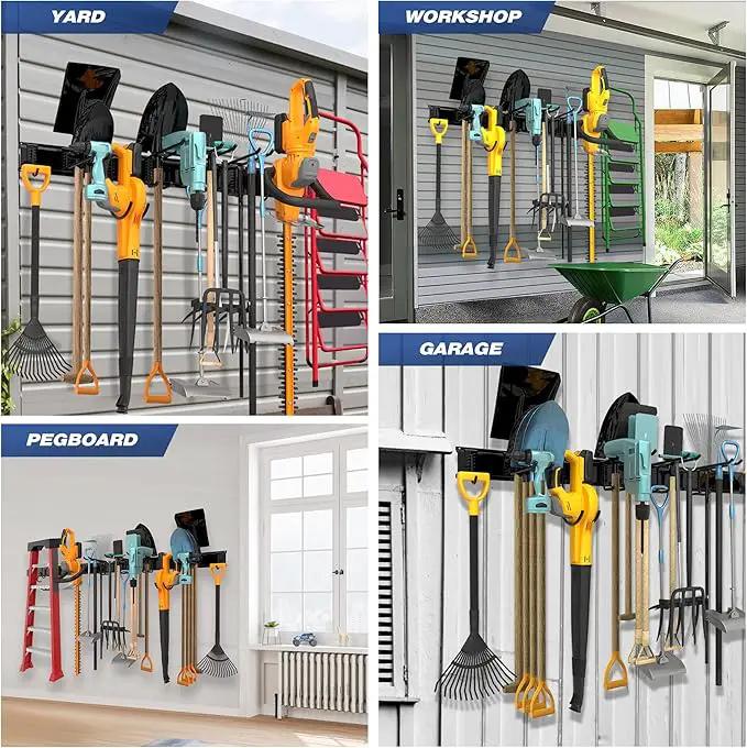 Storaboks Heavy Duty Garage Storage Rack System, Wall Mounted Tool Organizer with 8 Double Hooks, 3 Rails, Garden Yard Tools Hanger for Ski Gears, Broom, Rake, Shovel by GreenHaven Gardens