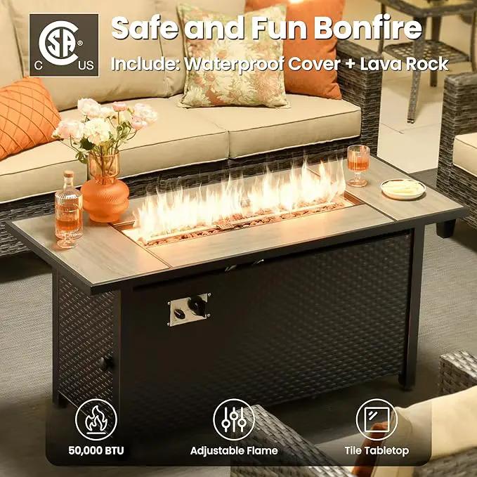 ovios 6 Pieces Patio Furniture Set with 54" Fire Pit Table, Outdoor Wicker Sofa with Comfy Cushions, All Weather High Back Rattan Couch Conversation Set, Beige by GreenHaven Gardens