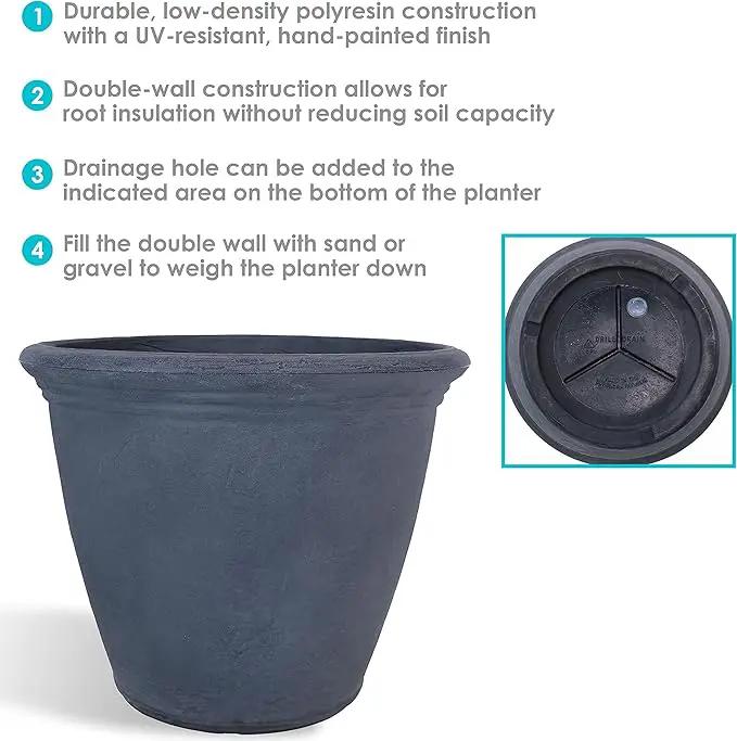 Sunnydaze 20-Inch Anjelica Large Plastic Pot for Plants - Outdoor Polyresin Round Planter with Drillable Drainage Holes - Slate by GreenHaven Gardens