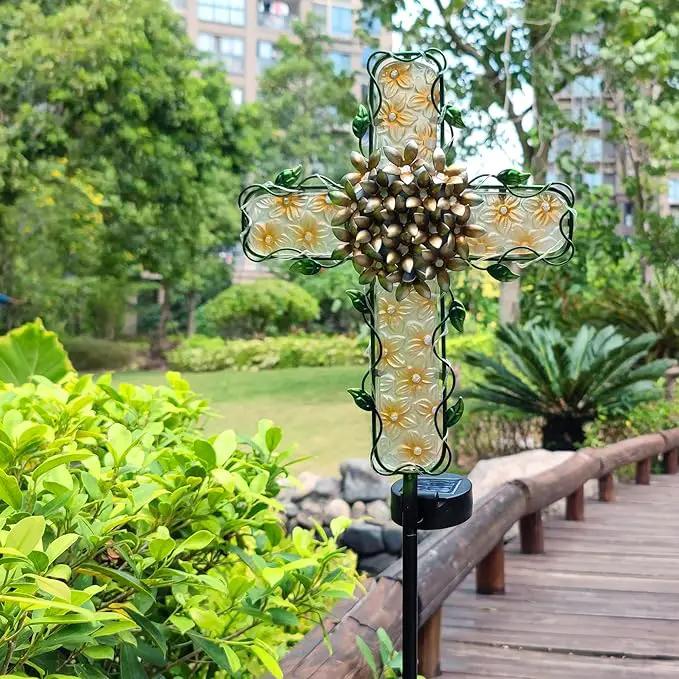 38inch Solar Cross Garden Lights Outdoor Decorative - Solar Metal&Glass Cross Apricot Hydrangea Flower Stake Lights- Waterproof 20 White LED for Remembrance Gifts & Sympathy Gifts by GreenHaven Gardens