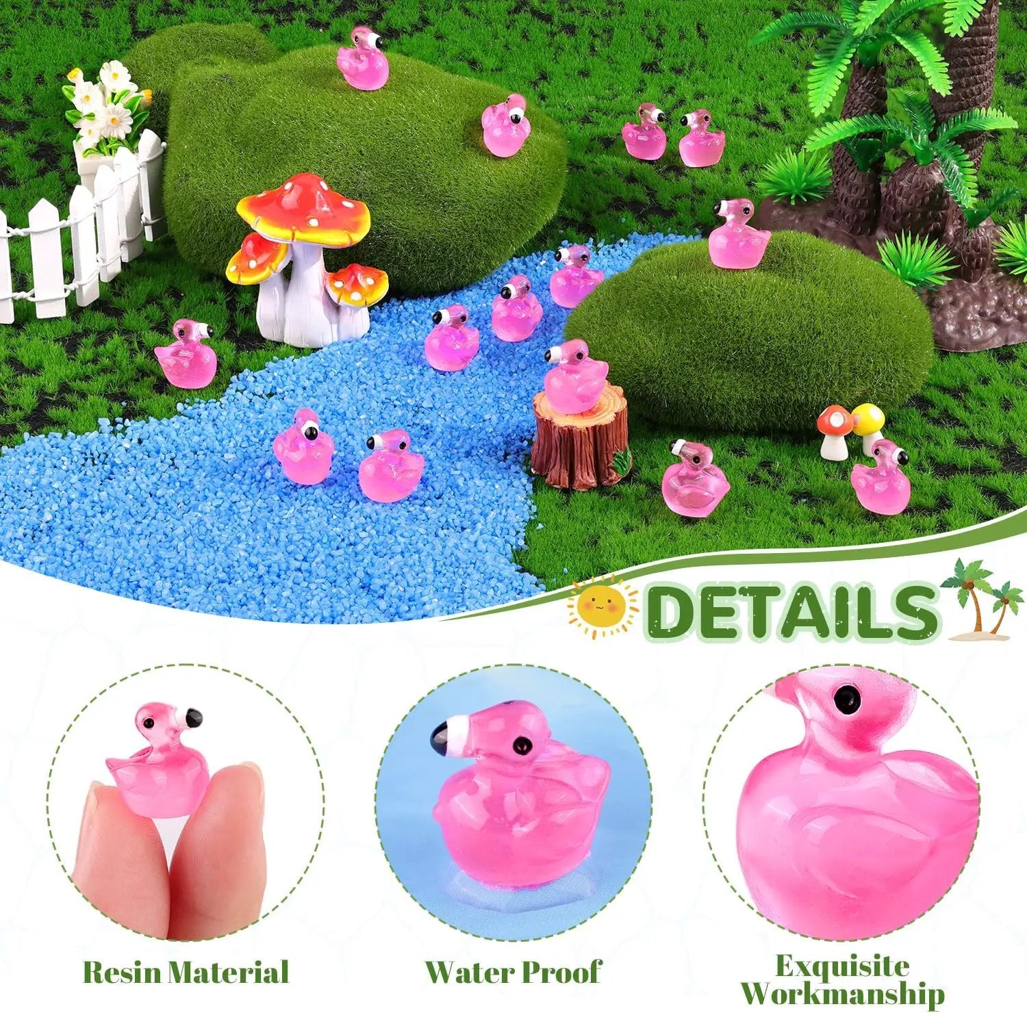 200PCS Mini Resin Animals Cute Rose Pink Tiny Flamingo Ducks Glow in Dark, Miniature Figures to Hide, Small Animal Toys Accessories Bulk for Topper Garden Dollhouse Ornaments DIY Crafts & Decor by GreenHaven Gardens