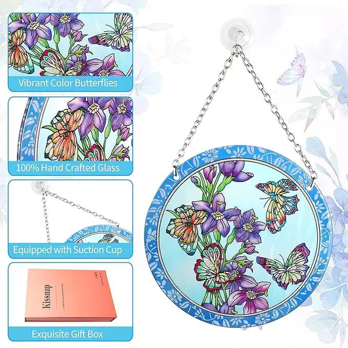 Butterfly Stained Glass Window Hanging - Butterfly Gifts for Women, Birds Suncatchers for Windows - Birds Window Hangings with Chain and Hook, 6 inch Stained Glass Suncatcher for Mom by GreenHaven Gardens