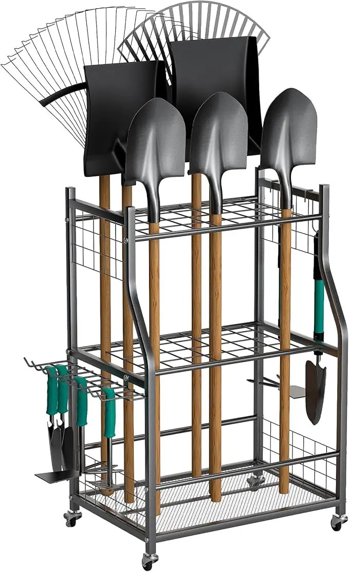EVERHANGER Garden Tool Organizer Stand, Garage Tool Storage Organization, Yard Tool Racks with lockable wheels, Fit for Long-Handled Tools/Rakes/Brooms, Indoor/Outdoor Use by GreenHaven Gardens
