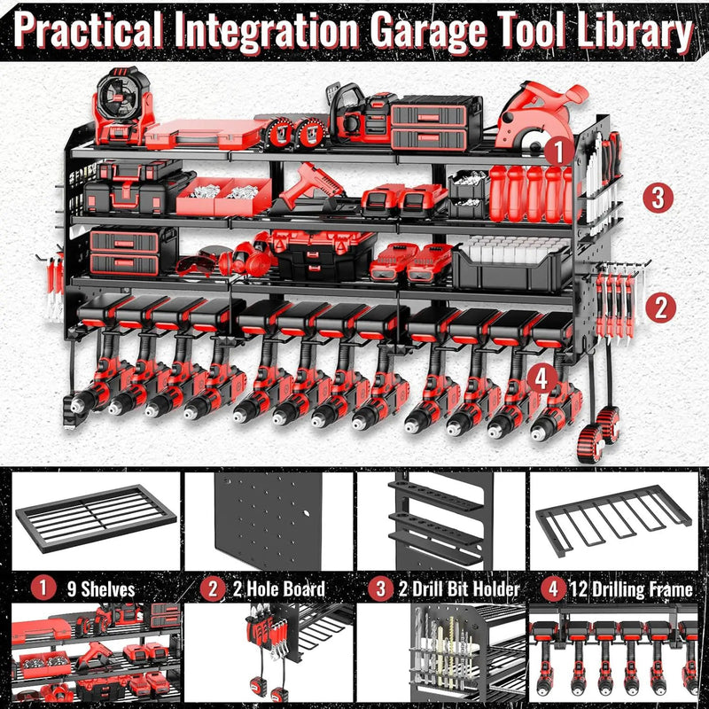 Large Power Tool Organizer Wall Mount-12 Drill Holder, Metal Heavy Duty Garage Tool Storage Shelves with Screwdriver Plier Holder, Gifts Idea for Men Dad Husband by GreenHaven Gardens