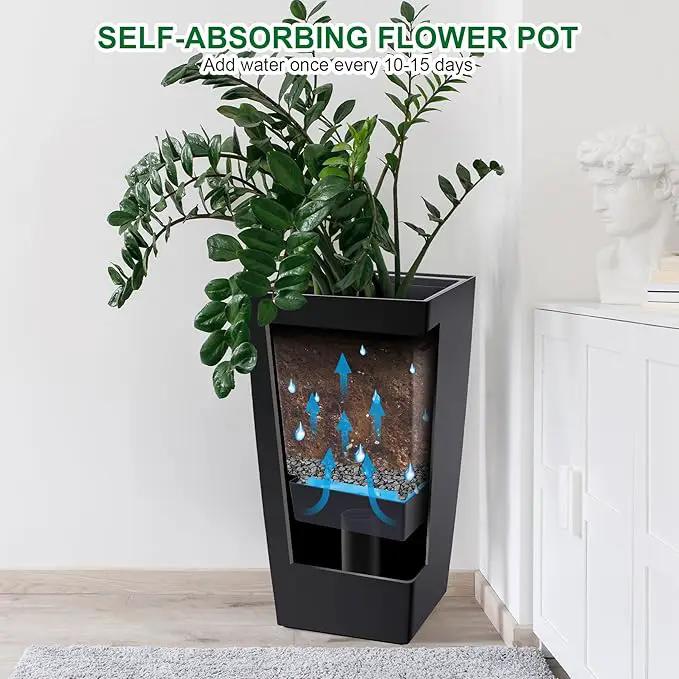30" Tall Planters Set of 2, Outdoor＆Indoor Black Planter Pots, High Front Porch Planter Pots with Drainage Holes＆Water Level Monitor Movable Wheels ＆Inner Bucket, Automatic Watering,Black by GreenHaven Gardens