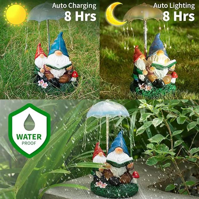 mopha Garden Gnomes Statues Outdoor Decor Gifts, Resin Figurines Outside Decoration Ornaments Clearance Gardening Decoration, Solar Powered Umbrella Fireworks Lights by GreenHaven Gardens